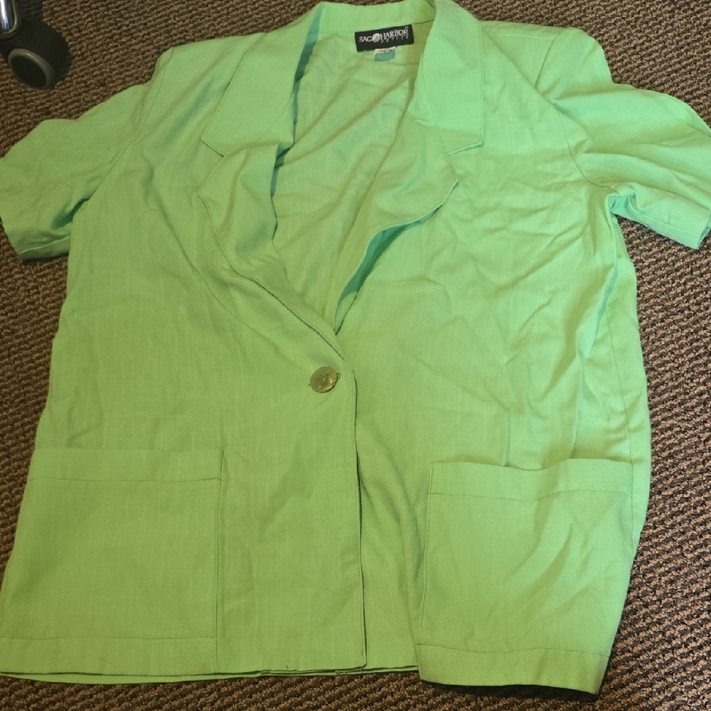 Vintage Sag Harbor Petite Neon Lime Green Short Sleeve Blazer Plus